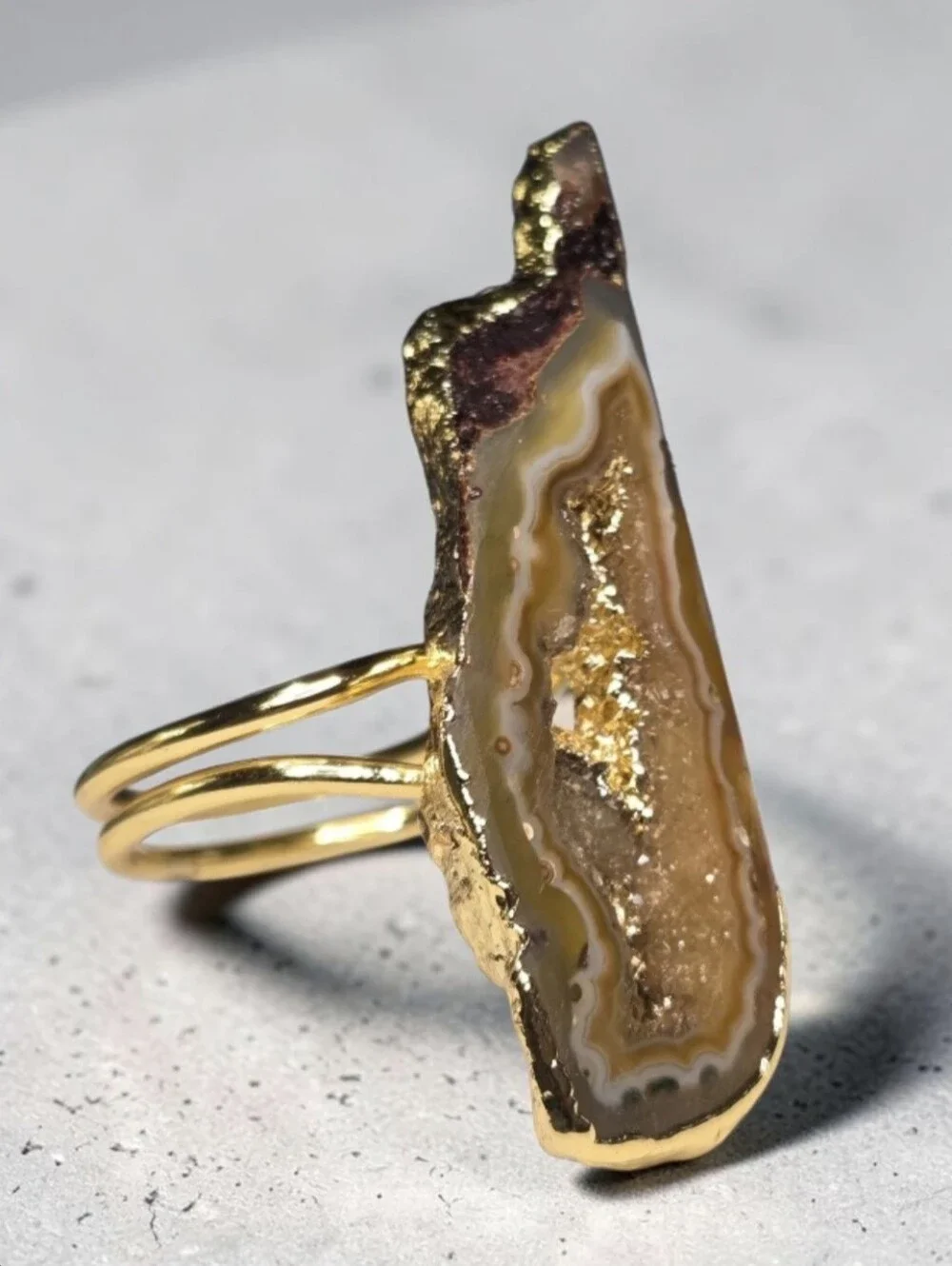 18k Gold Plated Artisan Tigers Eye Agate Geode Stone Statement Ring